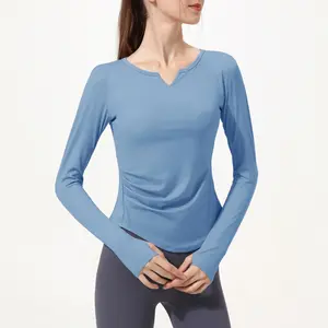 Women's New Long-Sleeve Yoga Top with Built-in Bra Pads, V-Neck, Sheer Look, for Running and Fitness