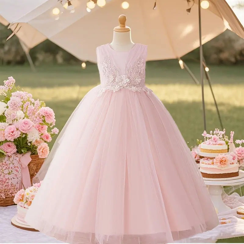 open lace back dress Girls Communion Puffy Dress Children's Birthday Pink Princess Dress, Pink / 9-10 Years (150cm)