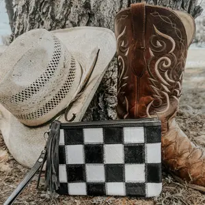 Stockyard Checkered Cowhide Wristlet Pouch