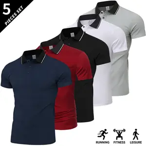 Pack of 5 men’s summer new polo short-sleeve shirts—solid color, minimalist design, made from a brand-new comfortable fabric. Suitable for outings to various places, gym workouts, couples’ dates, and golf trips.