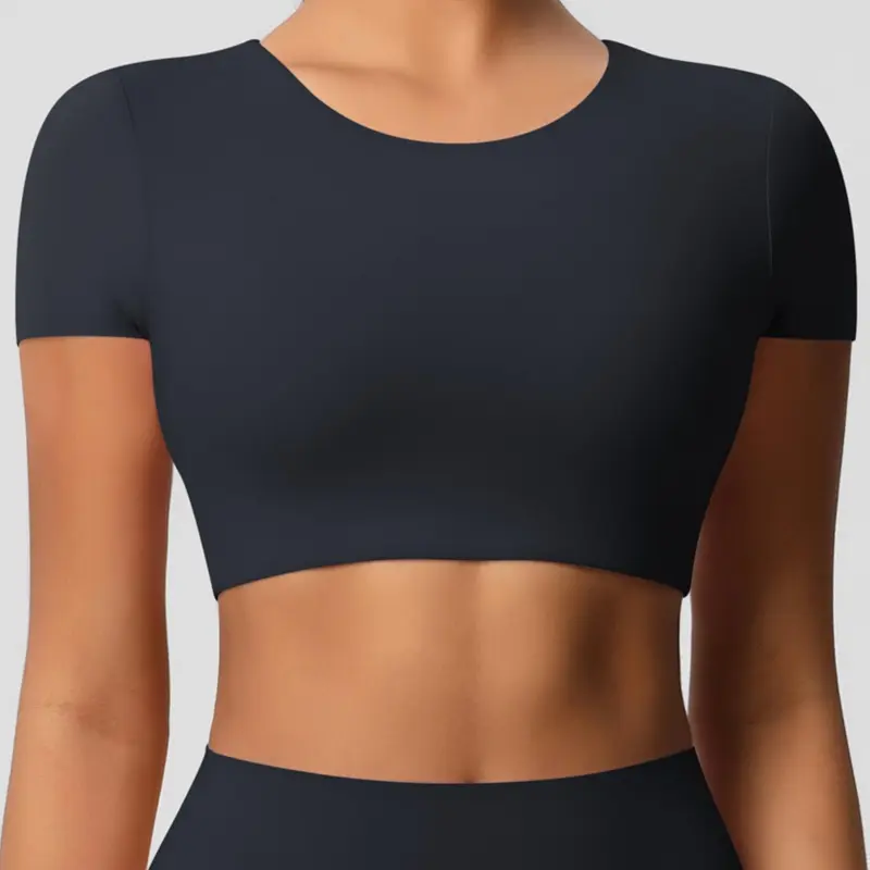 Women's Solid Round Neck Crop Sports Tee, Casual Short Sleeve Crew Neck T-Shirt for Daily Outdoor Wear, Ladies Sportswear Casual Stretchy Workout Top for All Seasons