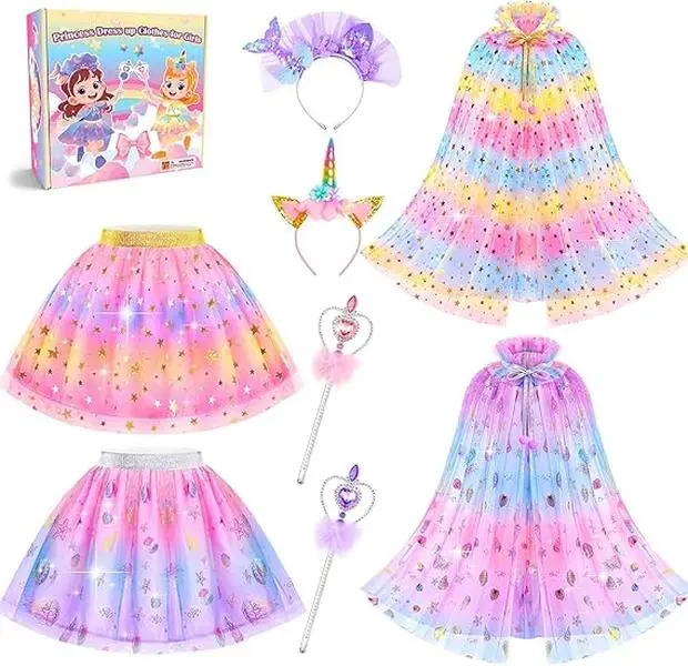 Summer Spring Gift Princess Dress Up Clothes for Little Girls 3 4 5 6, Kids Princess Capes Tutu Skirts Crown Wand Princess Toys Gift for Toddler Girls 3 4 5 6