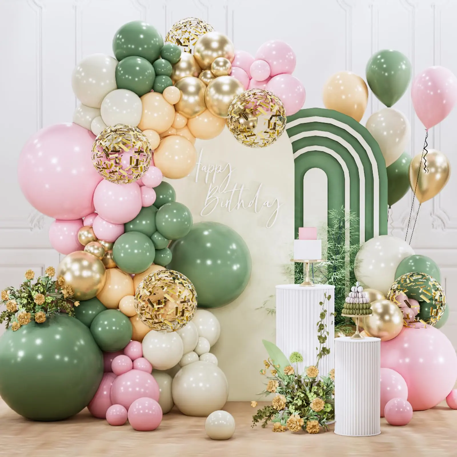 PartyWoo 142-Piece Round Pink & Green Balloon Arch Garland Kit, 18/12/10/5-Inch Metallic Gold, Baby Pink, Sage Green, Sand White, Nude & Confetti Balloons for Birthday Decorations, Balloon Arch Balloons, Colorful Latex Balloons