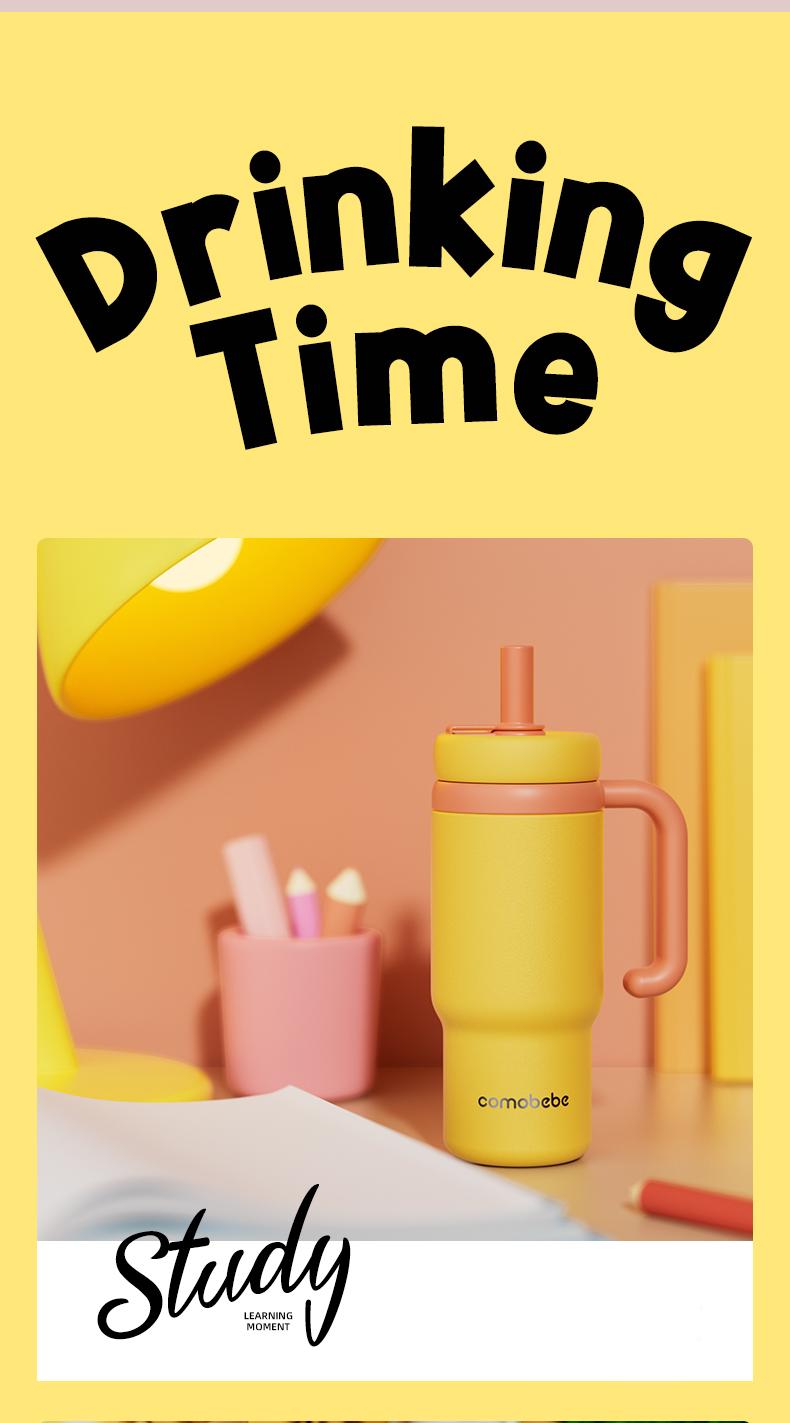 【COMOBEBE】24oz Stainless Steel Whale Fountain Tumbler – Spill-Proof, Dual Lids, Durable Handle, Dishwasher Safe, Cute and Fun for Kids & Adults