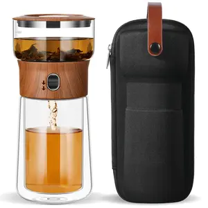 Modern Borosilicate Glass Teapot with One-Touch Infuser for Loose Leaf Tea Insulated Mug Portable Tea Kit for Office Travel Ideal Gift for Tea Lovers - Wooden
