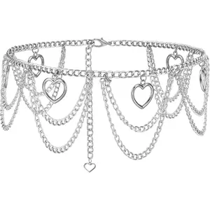 Women Metal Chain Waist Belt Multilayer Dress Belt With Heart Shape Antique Silver Coin Pendant Belly Dance Gift