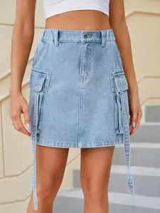 Elengatine Trendy Y2K High Waisted Cargo Denim Skirt Women Light Blue Mini Denim Skirt with Side Tie Straps & Utility Pockets Cute Casual Streetwear Aesthetic Summer Daily Outfit