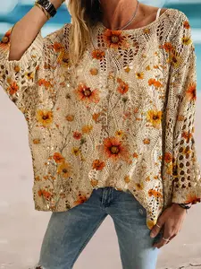 Spring and summer round neck rhombus hollow batwing sleeve knit top, floral print loose vacation style cardigan, casual, elegant and versatile for commuting.