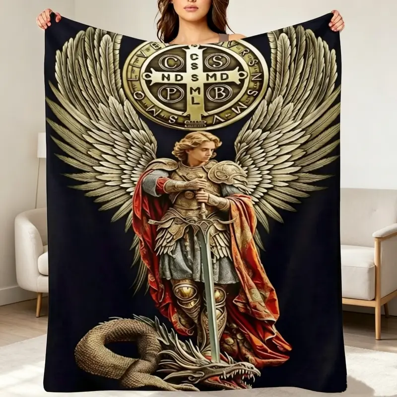 Saint Michael the Archangel Throw Blanket - St. Benedict Medal & Dragon Slayer Design, Soft Flannel for Catholic Devotional Home Decor Christian Faith Based Gift for Men
