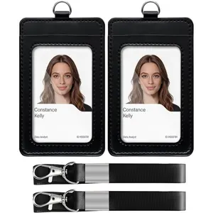 2 Pack ID Badge Holder with Lanyard, PU Leather Lanyards for ID Card Badges Vertical for Work School IDs, Cruise Ship Cards, Hotel Key Cards, Pass Cards (Black)