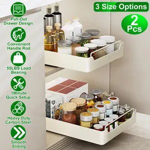Set of 2 Drill-Free Pull Out Cabinet Organizers, Heavy Duty Slide Out Pantry Shelves with Adhesive