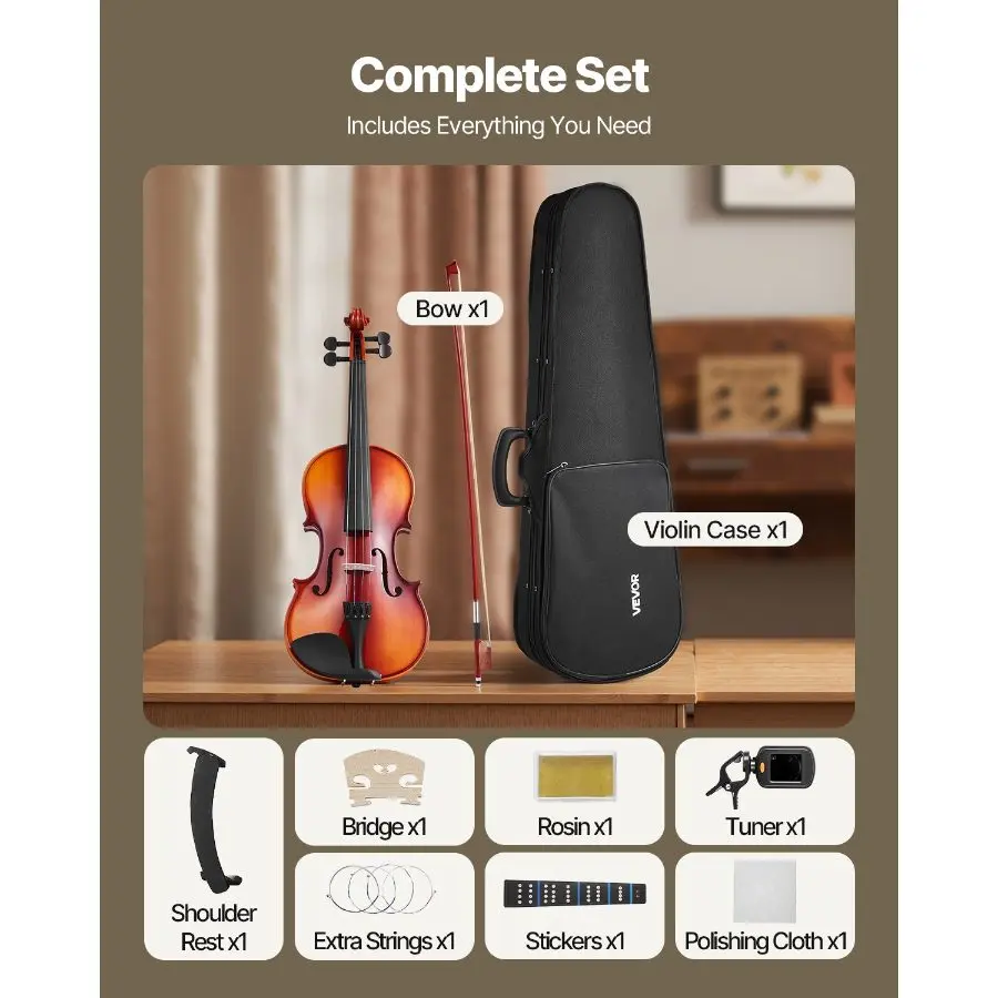 VEVOR 4/4 Full Size Solidwood Violin Complete Kit for Adults, Students - Glossy Brown Professional Instrument with Hard Case, Rosin, Bow x1, Shoulder Rest, Bridge x1, Extra Strings