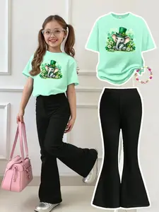 Girls Summer Breathable Comfort Fashion Casual Set, Hat Festival Four Leaf Clover Elephant Print, Round Neck Short Sleeve T-Shirt + Bell Bottoms Two-Piece, Children