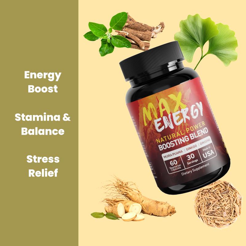 MAX ENERGY Energy Stamina Supplement - Ginseng, Ginkgo, Tribulus, Ashwagandha, Brain Support, Immune Support, Antioxidant, Herbal Supplements