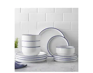 12-Piece Stoneware Dinnerware Set with Blue Rim, Including Bowls for Kitchen Dining Use, Dinnerware Sets