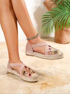 Women's Fashionable Flat Espadrille Sandals, Espadrilles Shoes,  Casual Boho Style Ankle Wrap Sandals for Beach Vacation, Female All-match Round Toe Shoes for Daily Wear, Girl