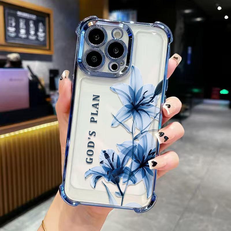 God's Plan Divine Purpose Blue Lily Illustration Phone Case. FourReinforced Corners Effectively Buffer Falling Impact, Wear-Resistant Ink Makes Pattern Not Easy To Fade. Suitable for iPhone 17.16.15.14.13.12.