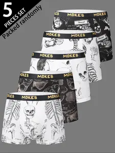 Men's Flat Front Pants with Skull & Geometric Print, Stretchy Boxer Briefs, Comfortable Elastic Waistband, Color Block Design, Casual Daily Wear