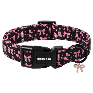 Pink Dog Collar for X-Small Puppies, Black Pink Bow Dog Collar with Plastic Buckle, Adjustable 8-12 Inch Neck for Small Female Dogs