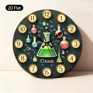 1pc 2D Flat Wall Clock | Alchemy Flask Chemistry Lab Theme Clock With Test Tubes, Beakers, Colorful Liquids, Bubbles | Suitable For Home Office, Classroom, Laboratory, Cafe, Studio, Study Room