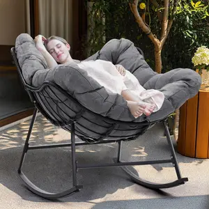 Oversized Papasan Rocking Chair - Modern Egg-Style Large Rattan Indoor/Outdoor Rocker with Thick Cushion, Patio Outdoor Furniture