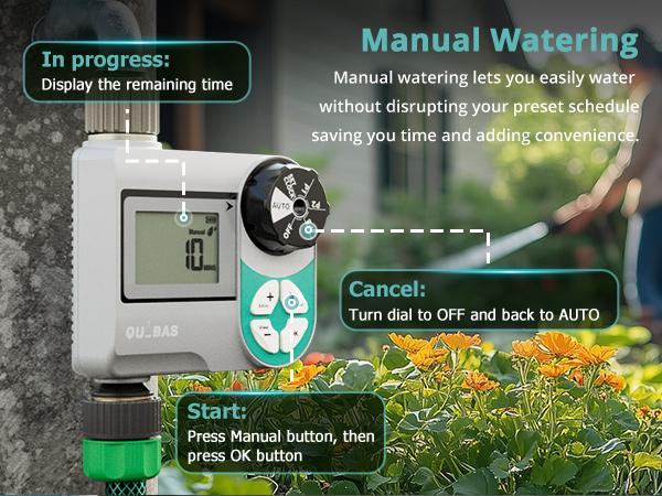QUOBAS Sprinkler Timer for Garden Hose, Weekly Programmable Digital Water Timer with Rain Delay/Auto/Manual 3 Modes, Drip Irrigation System, Pool, Lawn, Battery Powered, 1 Zone
