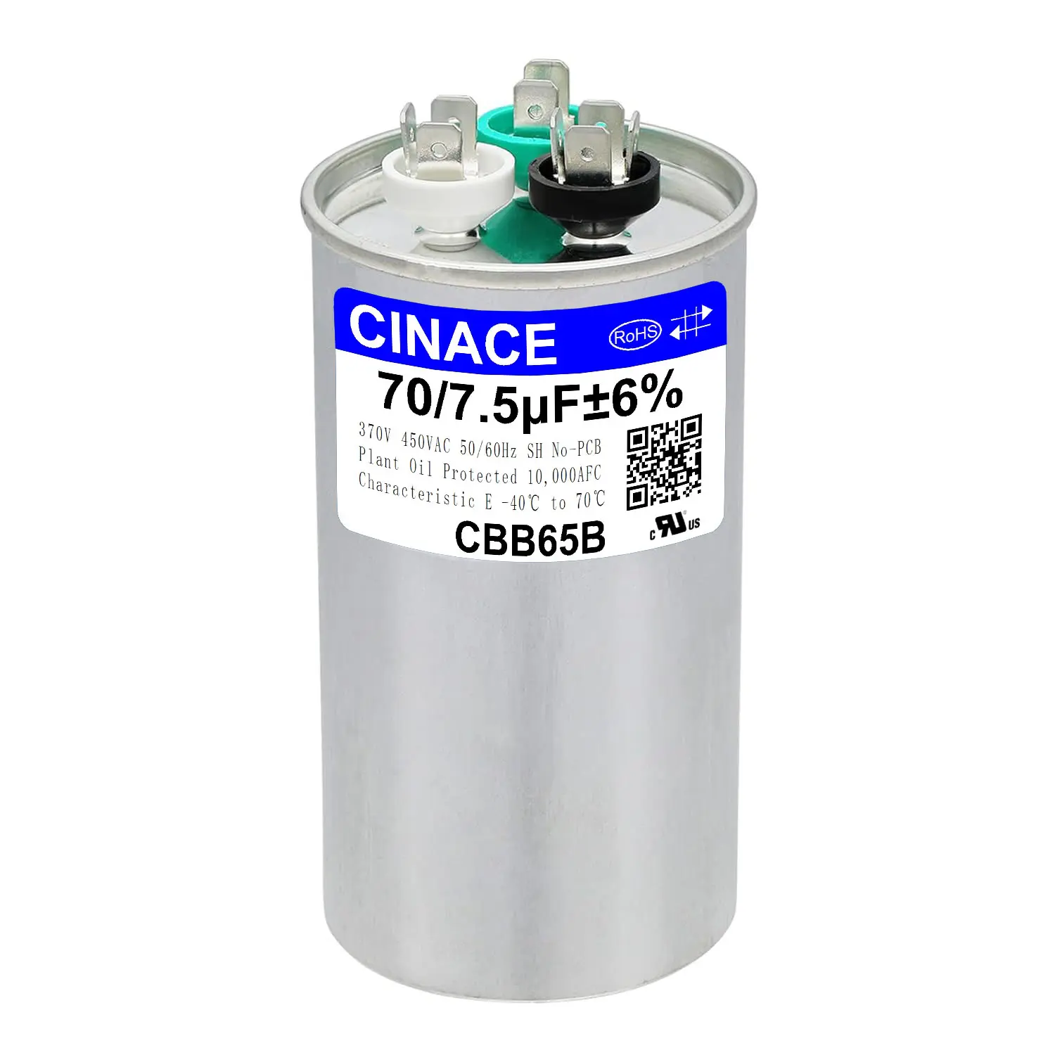 CINACE CBB65 Dual Run/Start Circular Capacitor, 70+7.5uF (70/7.5MFD) ±6%, 370/450VAC Voltage, 50/60Hz, 125*50mm, Versatile Compatibility for AC Motors, HVAC Units