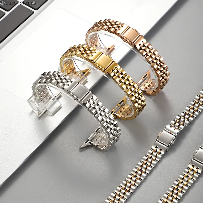Slim-Fit Five-Bead Stainless Steel Band, Solid Metal Replacement Strap for Apple Watch & Huawei GT