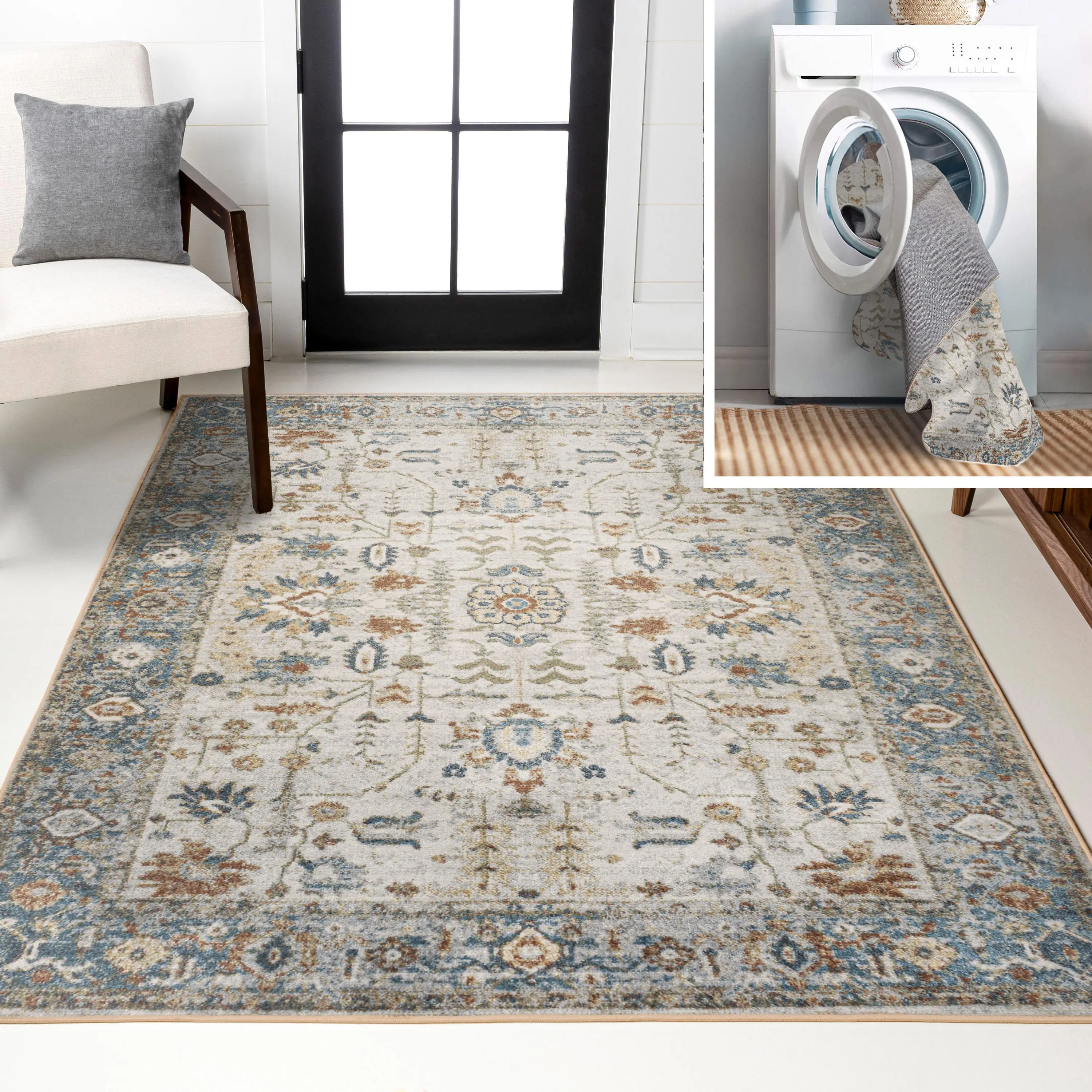 JONATHAN Y Hiero Persian Border Low-Pile Machine-Washable Indoor Area Rug; for Living Room, Kitchen, Bedroom, Dining Room, Office