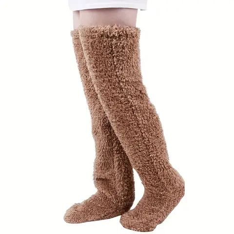Over Knee High Fuzzy Plush Socks for Women – Thick Fluffy Long Leg Warmers & Cozy Slipper Stockings, Adjustable Elastic Thigh-High Winter Sleep Socks for Home, Office & Cold Weather