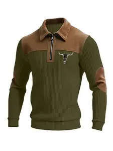 Men's Bull Head Print Retro Half-Zip Stand Collar Fashion Knitwear, Color Block Splicing Stylish Top, Spring Autumn Winter Casual Commuter Versatile S Long Sleeve Sweater, Suitable for Gifting, Daily Wear