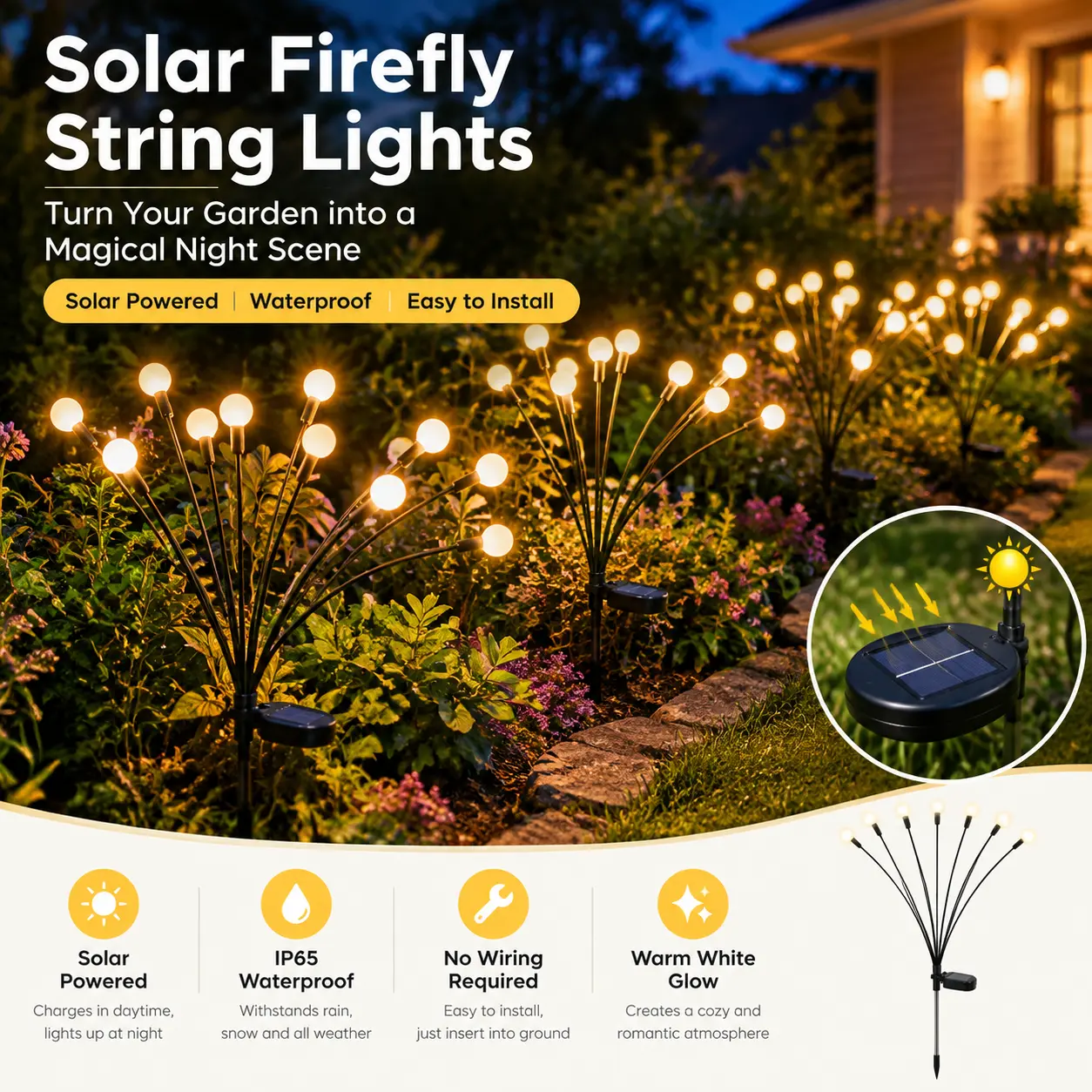 Solar LED Firefly Ground Plug Lights, IP65 Waterproof Solar Post Lights, Outdoor Decorative Landscape Lighting for Garden, Patio, Yard & LawnB002