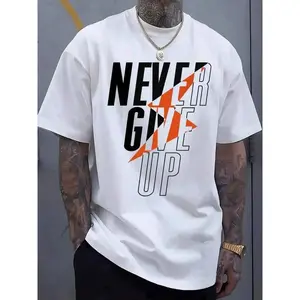 Men'S Casual "Never Give Up" Graphic T-Shirt - White With Bold Orange & Black Design