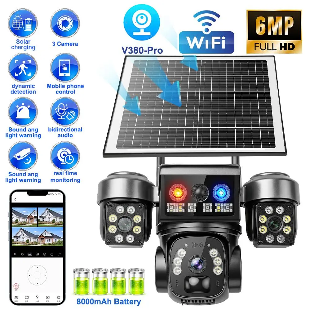 【DealsForYouDays】3 Lens 12MP HD Solar Battery Wireless WiFi Outdoor PTZ Home Security Camera CCTV