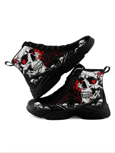 Halloween Skull Print Mens High Top Sneakers, Soft Leather Water-Resistant Lightweight Boots, Autumn Winter Casual Footwear Trainer