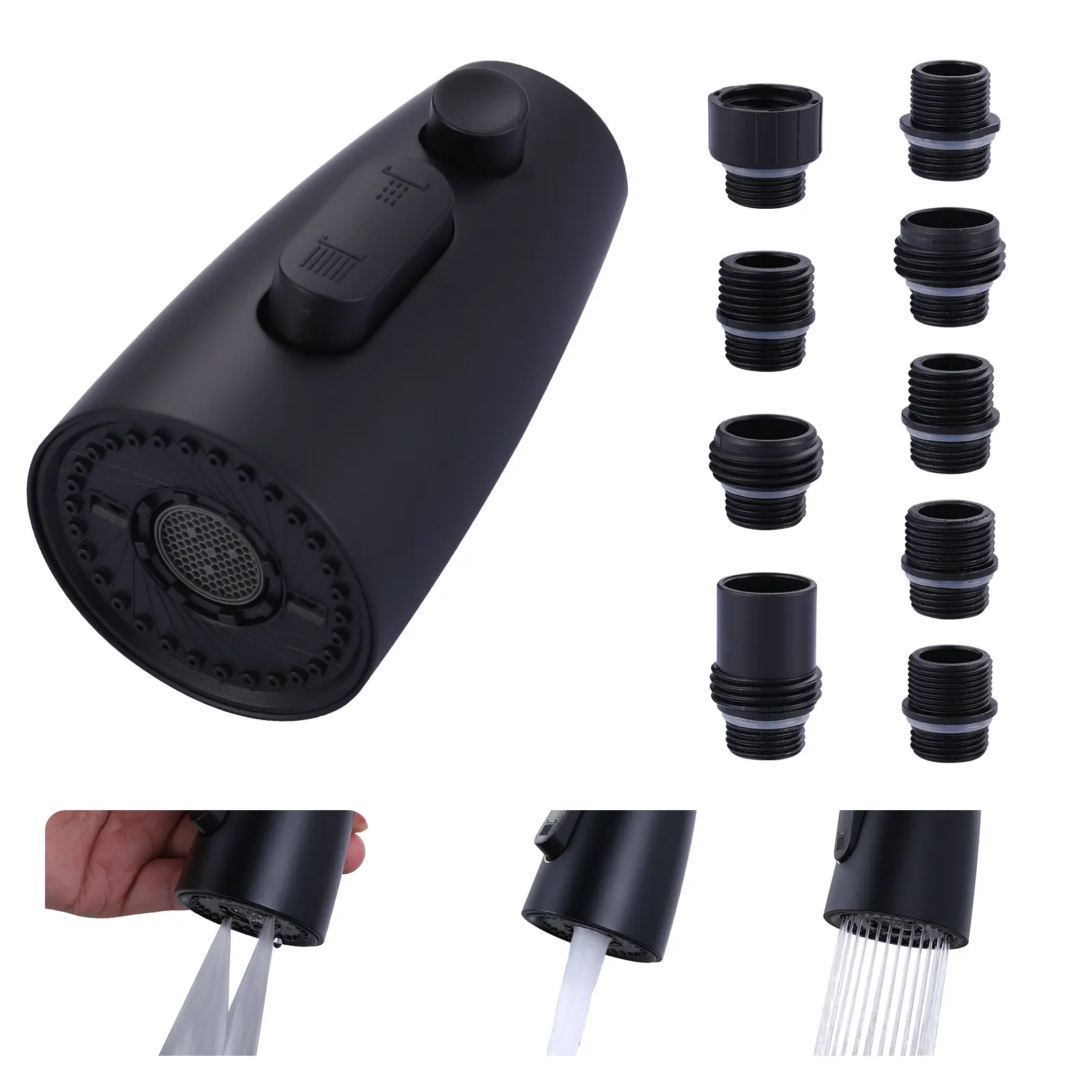WOWOW Premium Quality & No Dripping Stainless Steel 3-Mode Pull-Down Pull-Out Kitchen Faucet Head Replacement, Black Water-Saving Tap Aerator with 9 Connection Sizes, 9 Adapters, High Pressure Rinsing, Removable & Washable Faucet Aerator for Kitchen Sinks