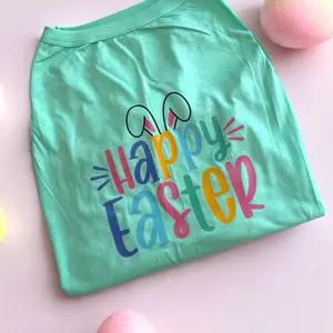 Happy Easter Dog T-Shirt - Light Teal, Light Pink and White with Colorful "Happy Easter" Text, Soft Fabric, Fun and Celebratory Design