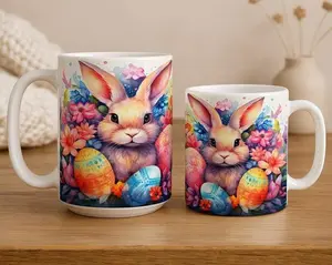 Easter Bunny Floral 15oz Ceramic Mug, Rabbit and Eggs Coffee Lover Cup, Spring Flower Holiday Drinkware