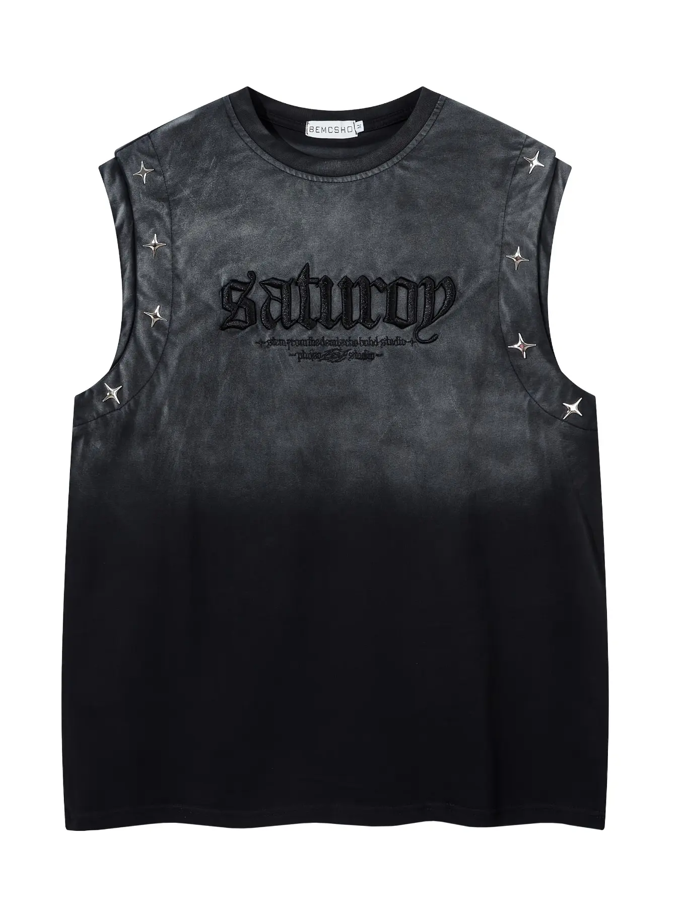 American Vintage Tie-Dye Gradient Letter Embroidery Star Metal Button Vest, Men's Fashion Casual Sleeveless T-Shirt, Trendy and Comfortable