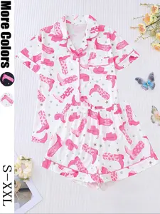 Women's Sleepwear Set, Short Sleeve Button Front Top & Elastic Shorts, Soft Fabric, Casual Home Wear, Perfect for Holidays & Parties, Pajama Set