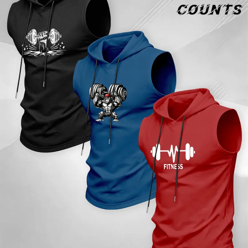 American Fitness Dumbbell Print Hooded Sleeveless Tank Top, Quick-Dry Breathable Weight Training Shirt, Men's Gym Workout Top, Fitness Training Clothes, Fitness Apparel