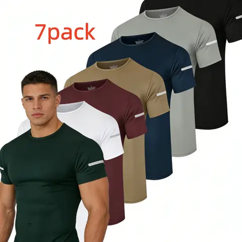 Men's 7pcs Crew Neck Quick-Dry Sports T-Shirts - Ultra-Lightweight, Breathable, Print Reflective Stripe, Gym Clothes Workout, Moisture Wicking Tee, Quick Dry Activewear, Short-Sleeve Activewear, Short Sleeves Keep Arms Free, Ideal for Fitness, Running