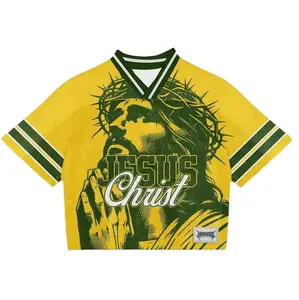 Religious Jesus Christ Print Cropped Mesh Jersey V-Neck Hip Hop Streetwear Summer Athletic Casual Unisex Loose Basketball Football Sports Shirt 88