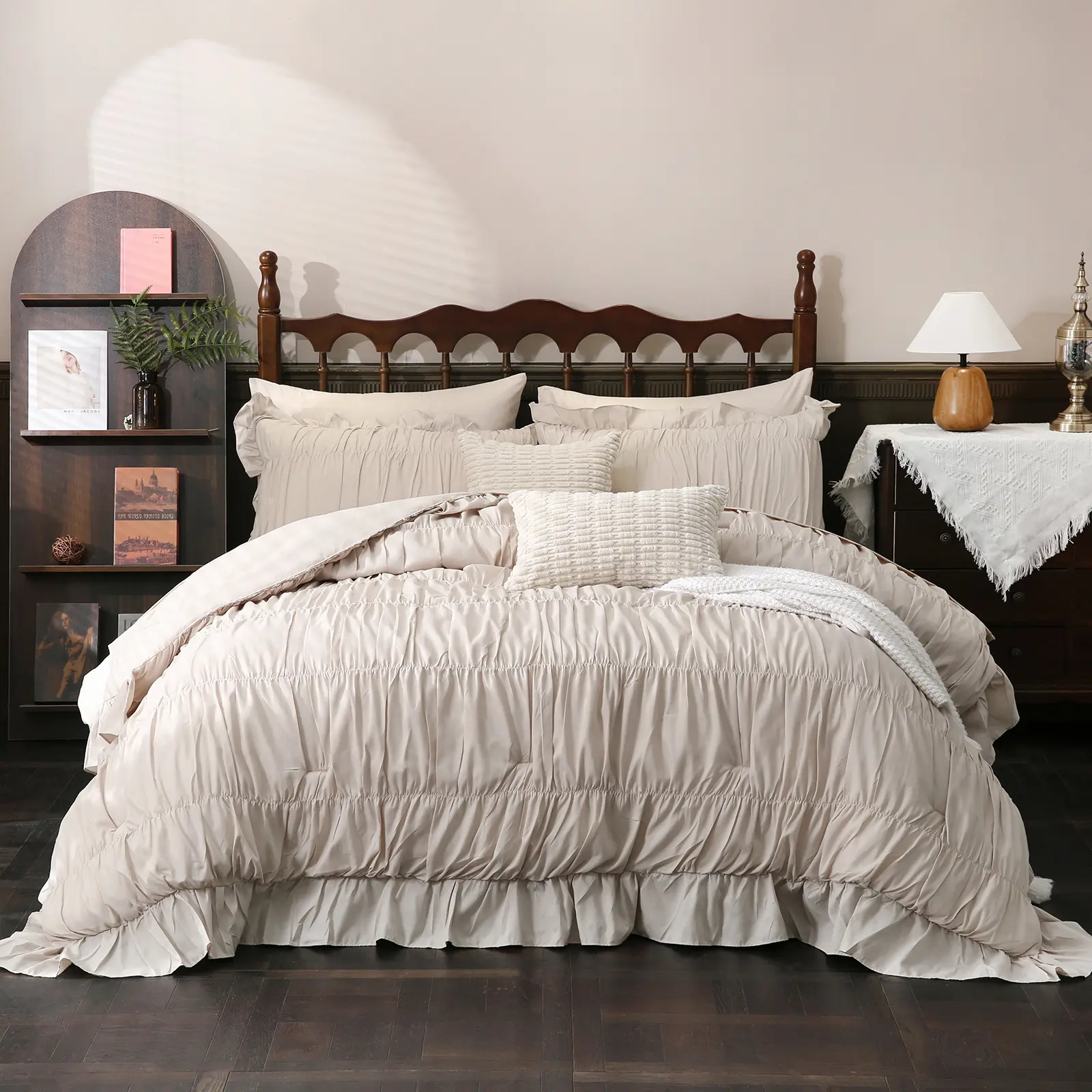 Beige Comforter Set Queen Size,Ruched Boho Bedding 9-Piece Bed-in-a-Bag for All Seasons,Fluffy Luxury Ruffle Bedding Set with Comforter, Flat Sheet, Fitted Sheet, Pillow Shams, Pillowcases