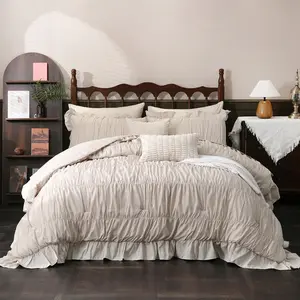 Beige Comforter Set Queen Size,Ruched Boho Bedding 9-Piece Bed-in-a-Bag for All Seasons,Fluffy Luxury Ruffle Bedding Set with Comforter, Flat Sheet, Fitted Sheet, Pillow Shams, Pillowcases