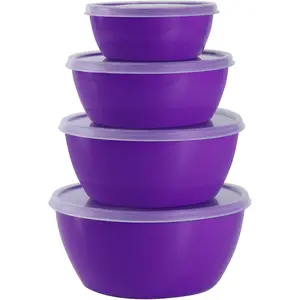 4-Piece Classic Plastic Prep Bowls with Lids, Nesting Plastic Small Mixing Bowl Set for Mixing, Baking, Prepping, Cooking and Serving Food, Microwave and Dishwasher Safe (Purple)