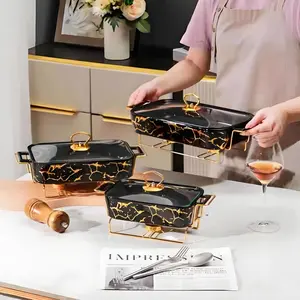 Marble Pattern Ceramic Baking Pan with Lid & Handle, 1 Set Including Stockpot and Rack, Kitchen Cookware for Home Dining Room Picnic