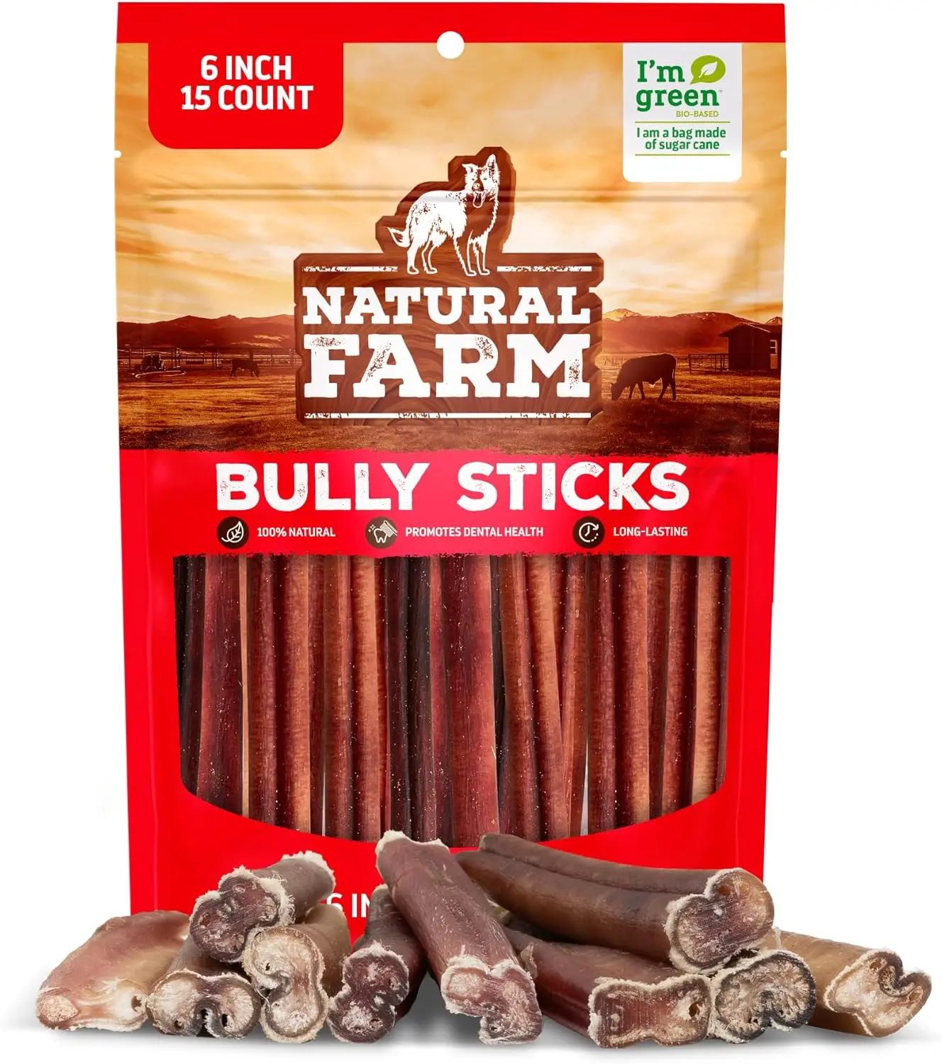 Natural Farm 6-Inch Standard Bully Sticks (Chewing Sticks) - 15 Count, Natural Beef Pizzle, Odor-Free, Fully Digestible, Supports Dog Dental & Brain Health, Chewing Stick