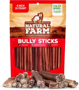 Natural Farm 6 Inch Standard Bully Sticks - 15 Count, Natural Beef Pizzle, Odor-Free, Fully Digestible, Supports Dental & Brain Health