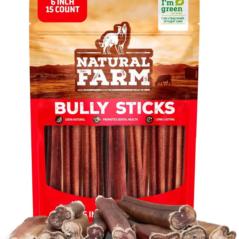 Natural Farm 6-Inch Raw Beef Bully Dental Sticks - 15 Count, Single-Ingredient Natural Beef Pizzle, Odor-Free Chew Keeps Homes Fresher, Fully Digestible, Dental Support, Joint & Muscle Aid, Single-Ingredient Diet Simplicity